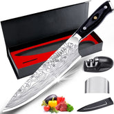 MOSFiATA 8-inch chef knife blade close-up with laser engraving and sharp edge.