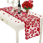 Mosoan red lace heart table runner enhances romantic Valentines table decor.