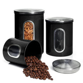 Moss & Stone 3-piece black canisters with front window for easy content check.
