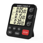 MOSTRUST digital 3-channel timer shown on fridge magnet for simultaneous cooking tasks