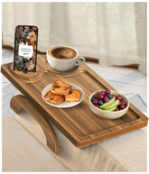 MOTOVATEC Acacia wood sofa arm tray with 3-in-1 function on a cozy couch.