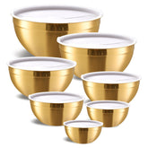 Moxinox gold mixing bowls with lids, seven-piece set, ideal for prep and airtight storage.