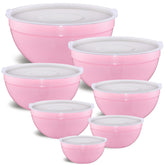 Moxinox pink mixing bowls with lids for easy prep and storage.
