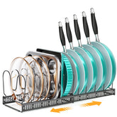 MUDEELA expandable pots-pans organizer under cabinet keeps cookware neatly organized and easy to reach.