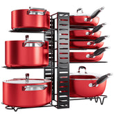 MUDEELA under-cabinet pot organizer showing stacked cookware for quick access