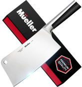 Mueller 7-inch butcher knife blade close-up showing sharp stainless steel edge for precise cuts.