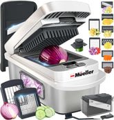 Mueller Pro-Series 10-in-1 chopper blades in action for fast, uniform dicing.