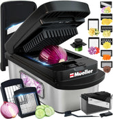 Mueller Pro-Series 10-in-1 chopper blades shown for fast, consistent dicing and slicing