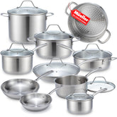 Mueller Ultra-Clad Pro 17-piece set front view with durable stainless steel and ergonomic handles.