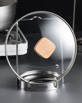 Mukkuri pot lid organizer on counter keeps lids neatly accessible.