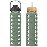 MUKOKO 32oz glass bottle olive two lids for versatile hydration on the go