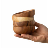 Muso Wood dipping bowls full set on table, showcasing warm acacia wood and versatile serving.