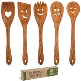 MyFancyCraft MFC 5-piece wooden spoons with smiley faces for scratch-free cooking and precise stirring.