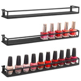 MyGift wall-mounted black metal shelves display three-pack for organized cosmetics.