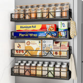 Mystozer magnetic spice rack on fridge door showing double storage capacity.