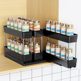 Mystozer pull-out spice rack front view with black finish, showcasing organized spice shelves.