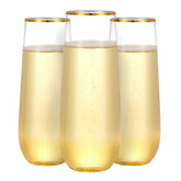 N9R 36-pack plastic champagne flutes with gold rim for elegant weddings and parties.