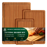 Nabreeli bamboo cutting board set with juice groove facilitates clean prep and juice containment.