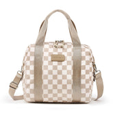 Naimuesly lunch bag top view, checkered brown, spacious opening for easy packing.