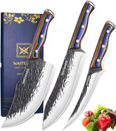 Naitiesen 3pc hand-forged knife set laid out for prep and display in a kitchen.