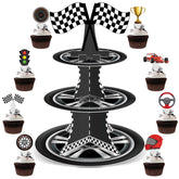 Naozinebi 3-Tier Race Car Cupcake Stand with sturdy dessert display.