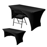 Nasitos 6ft black spandex tablecloth with open-back for professional displays.