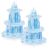 NatNarr Frozen cupcake stand front view with 3 tiers and bright snowflake patterns