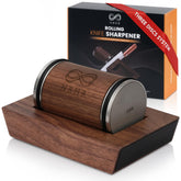 NBHR rolling knife sharpener base offers stable sharpening on a walnut surface.