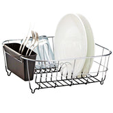 Neat-O Deluxe chrome dish drainer in black, front view, keeping items organized after meals.