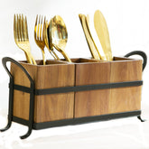 NelyBet utensil caddy with wooden 3 compartments keeps cutlery organized on the counter.