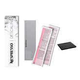 Nespresso Descaling Kit Solution bottle shows safe, effective descaling for all models