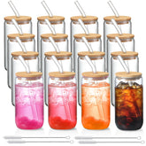 NETANY 16-pack glass cups with lids and straws are perfect for iced coffee and tea at home.