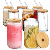 NETANY 8-piece glass set with bamboo lids for everyday drinking.