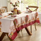 Newbridge Thanksgiving turkey border tablecloth with autumn harvest print, ideal for easy-care family meals.