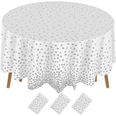 Newwiee round dot tablecloth with white-silver dots for complete 84-inch table coverage.