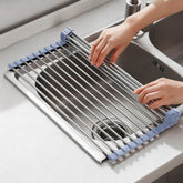 NEZUIBAN roll-up drying rack over sink, gray, assembled for quick dish drying.