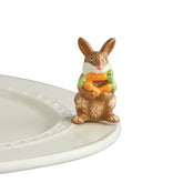 Nora Fleming Funny Bunny brown holding carrots, ideal Easter centerpiece.