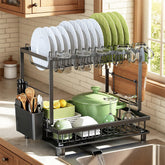 Nfnoyp 2-tier dish drying rack keeps dishes organized and air-dried.
