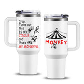 NIAXAUYT This Is My Circus 40oz tumbler keeps hot drinks on the go.