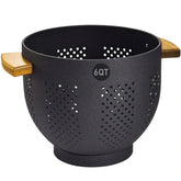 Nicdiet colander wood-handle 6qt drains pasta quickly with a secure non-slip grip.