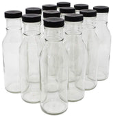 Nicebottles 12 oz clear glass bottle with wide mouth and black cap, ideal for beverages and sauces.