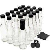 Nicebottles hot sauce bottles 24-pack in clear glass for easy sauce visibility.