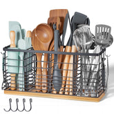 Nigelia extra large utensil holder in matte black with wooden base for organized counter space