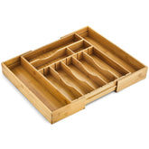 Night Tree expandable bamboo drawer organizer shows adjustable width for tidy utensils.