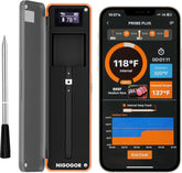 NIGOGOR smart thermometer probe in use, ensuring precise meat temperature during grilling.