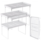 NiHome 4-Pack stackable shelf in white demonstrates compact cabinet organization.