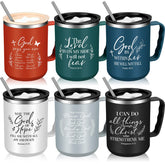 Nitial Christian mug set with lids and straws for daily coffee.