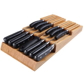 NIUXX bamboo drawer knife slot front view shows 12 organized knives for easy access