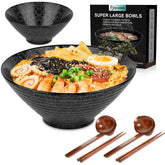 NJCHARMS ceramic ramen bowls set with spoons and chopsticks for restaurant-style meals at home.
