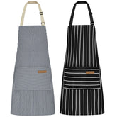 NLUS apron blue pinstripes front view with adjustable neck strap